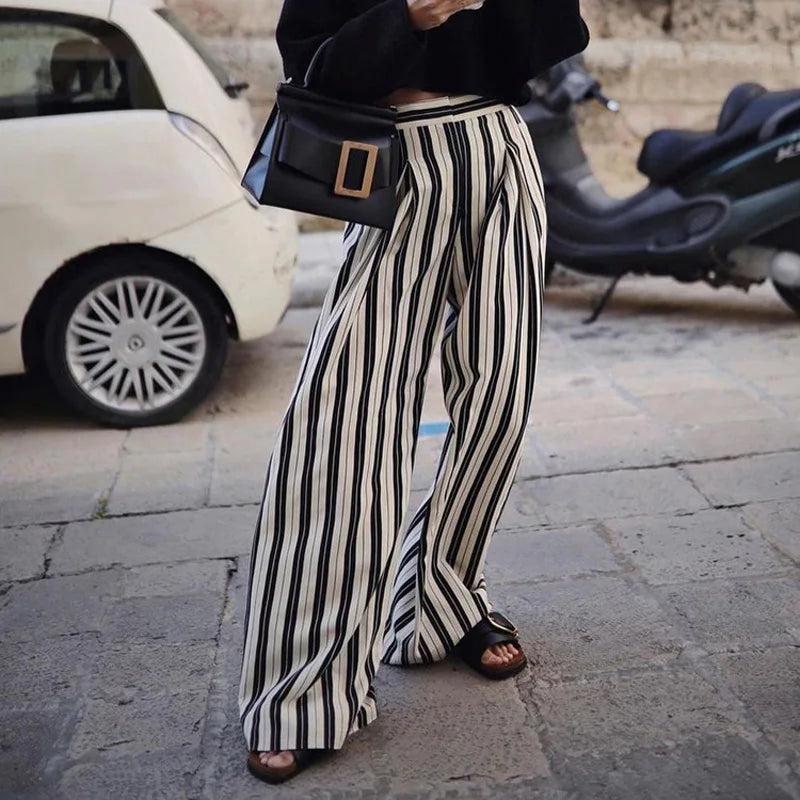 MQTIME  -   Autumn Winter Women Striped Trousers Streetwear Holiday High Waist Loose Wide Leg Flare Pants For Women