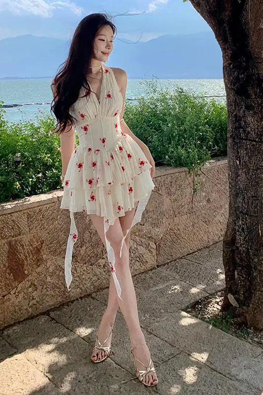 MQTIME  -  Beige Print Sexy Club Summer High Waist Sleeveless Halter V-neck Short Dress Women Slim Backless Pleated Mini Sundress Vestidos