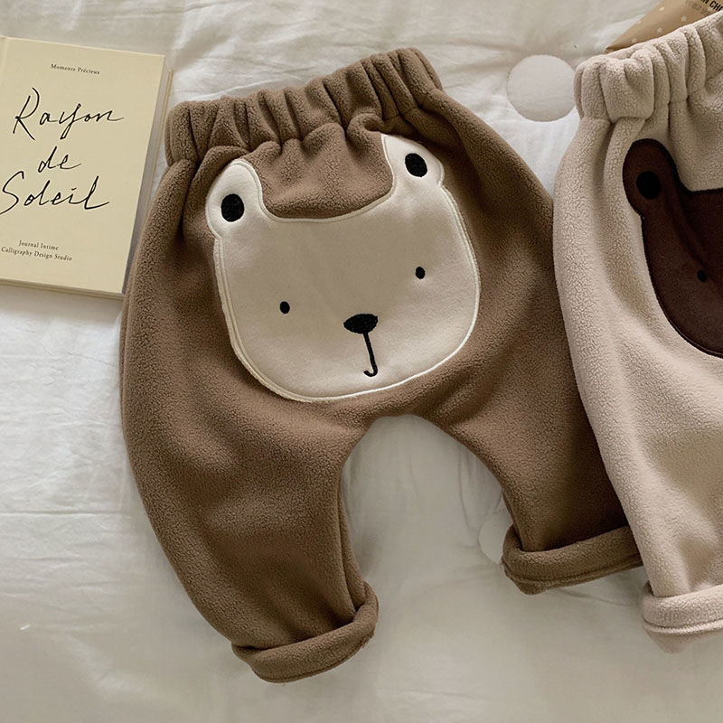 Autumn Winter Baby Boy Pants Children Cartoon Bear Velvet Thick Fleece Harem Pants Warm Kids Infant Trainers Casual Pant Clothes