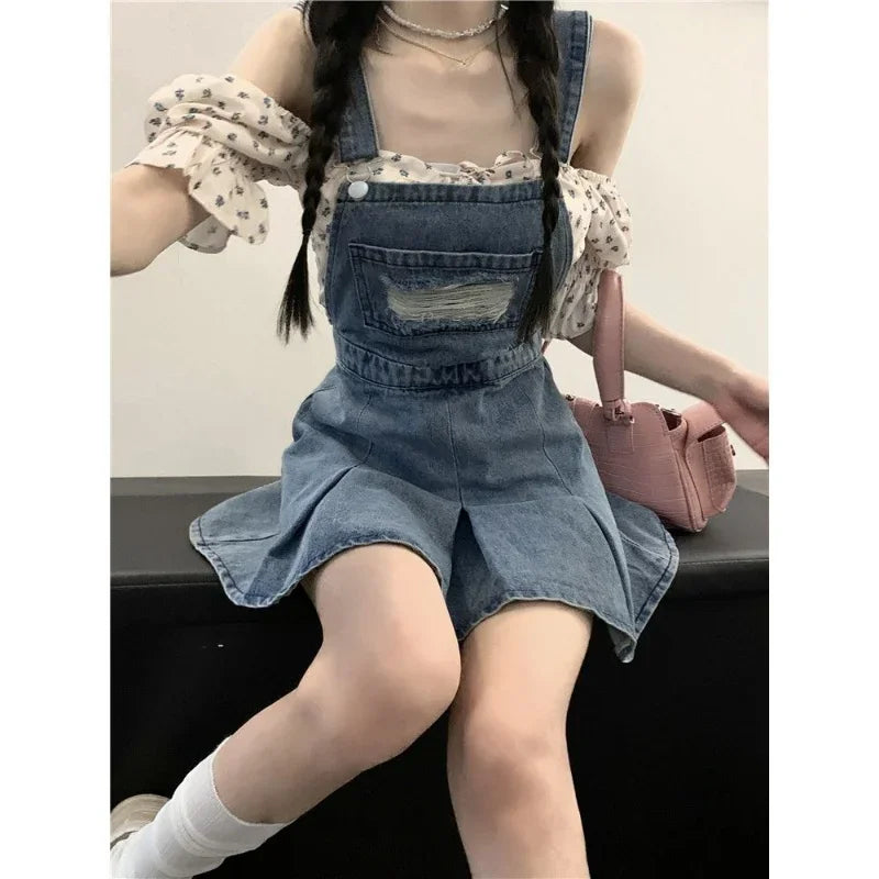 nvxiot-Denim Overall Dresses Women Summer Vintage Blue Elegant Y2k Folds Camisole Pleated Dress Mini Fashion Hotsweet Korean Vestidos