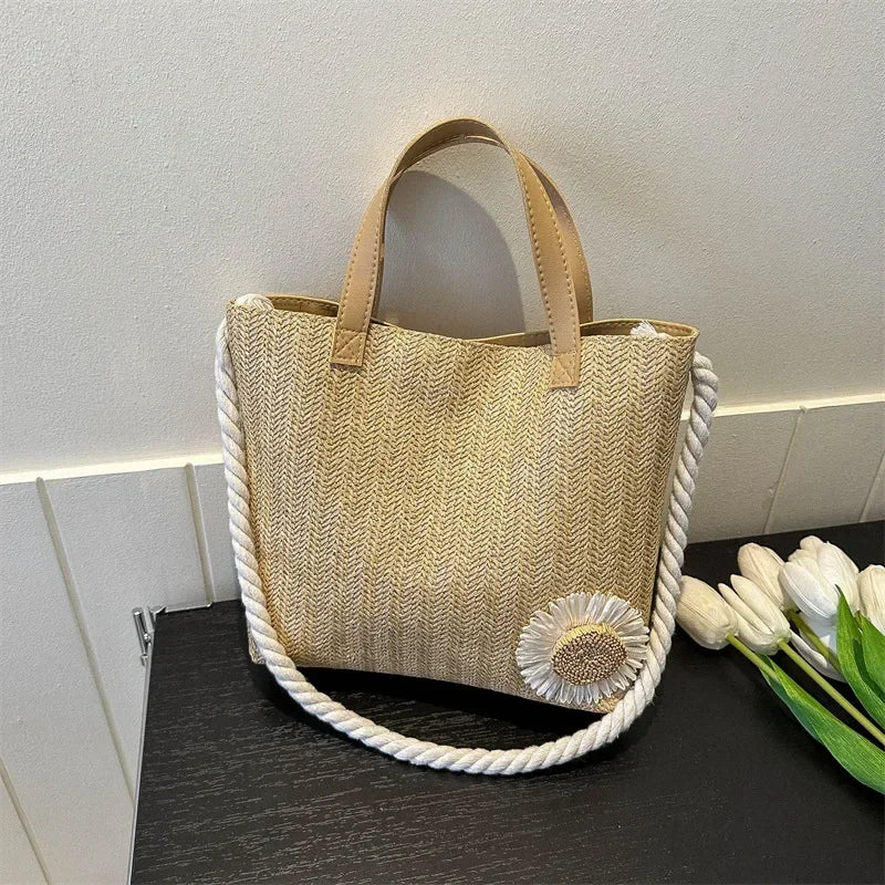 nvxiot Small clear fashion flower woven shoulder bag  retro minimalist square bag woven vegetable basket bag