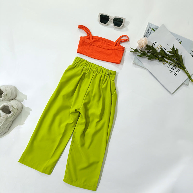 nvxiot Summer Children's Girl Streetwear Clothing 2pcs/set Sleeveless Crop Tops+Chic Long Loose Trousers Baby Kids Girl Clothes Suits