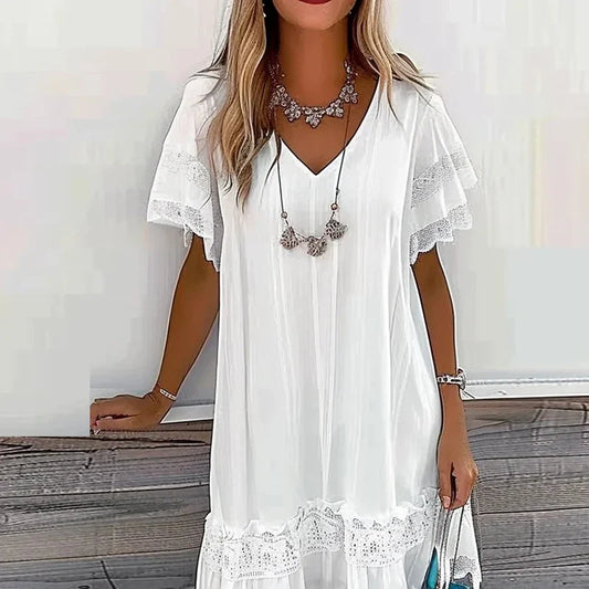 MQTIME  -  Sexy V-neck Lace Patchwork Party Dress Summer Fashion Short Sleeved Chiffon Mini Dress Elegant Women's Pleated Vacation Dresses