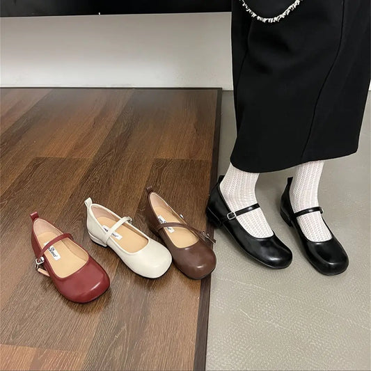 nvxiot Round Toe Women Loafers Belt Buckle Black Brown Red White Flat Mid Heels Autumn Spring Office Pumps Shoes Woman Size 35-39