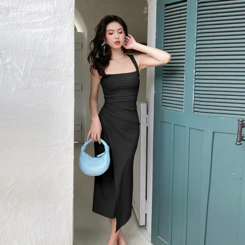 nvxiot-New Arrived Square Neck Vintage Dress for Women Sleeveless Fashion Luxury Sling Slim Party Evening Long Dresses Summer 2024