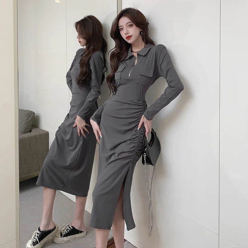 nvxiot-Casual Solid Women Midi Dress for Autumn Fashion 2023 New Long Sleeved Polo Collar Elegant Chic Office Lady Slim Long Dresses