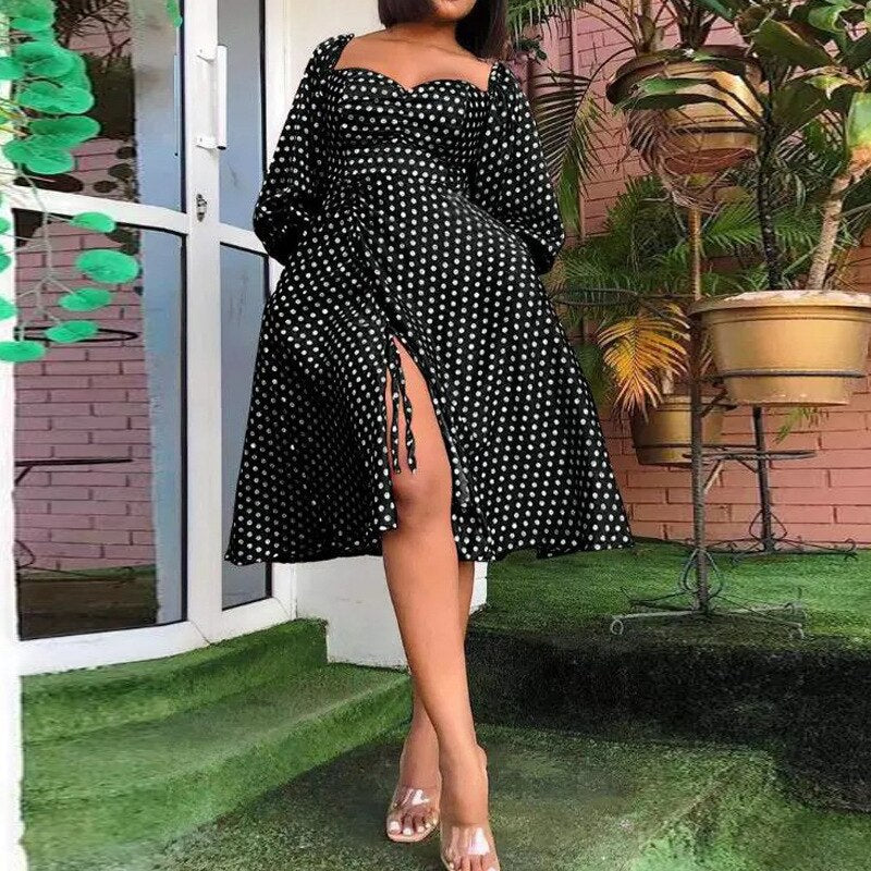 nvxiot Sexy Polka Dot Dress Fashion Split Slim Fit Lantern Sleeve Midi Robes Femmes Knee Length Chest Wrapping Autumn Casual Going Out