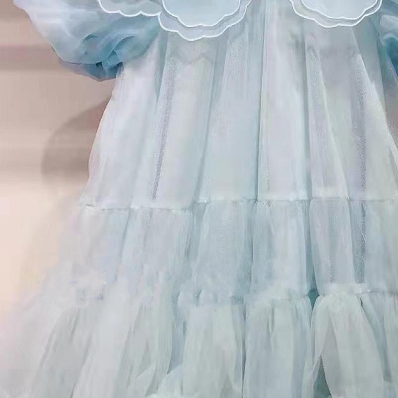 Fashion Baby Girl Princess Puff Sleeve Tutu Dress Lace Collar Child Vintage Tulle Vestido Party Pageant Birthday Clothes 1-12Y