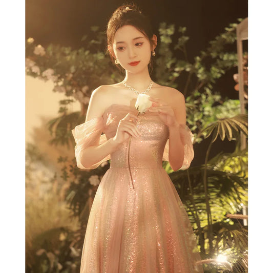 MQTIME  -  Women Sexy Off-shoulder Long Party Prom Gowns Sweet Fairy Champagne Sequin Evening Dress Vestido