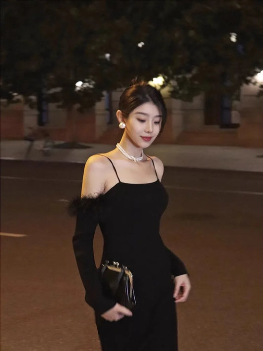 nvxiot  -  Black Camisole Dress with Plush Edge for Women, One Shoulder Knit Slit Long Skirt, Autumn and Winter Design