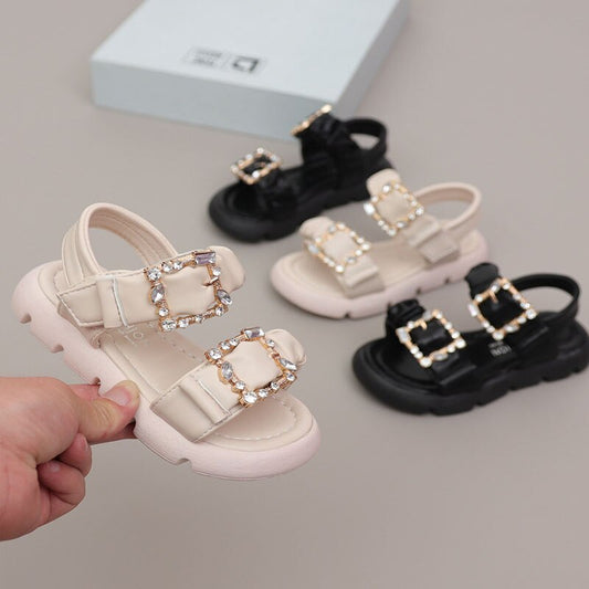 nvxiot Girl Flat Shoes Summer Fashion Children Princess Shoes Rhinestone Buckle Open Toe Fashion Sandals Little Girl Shoes Black F05014