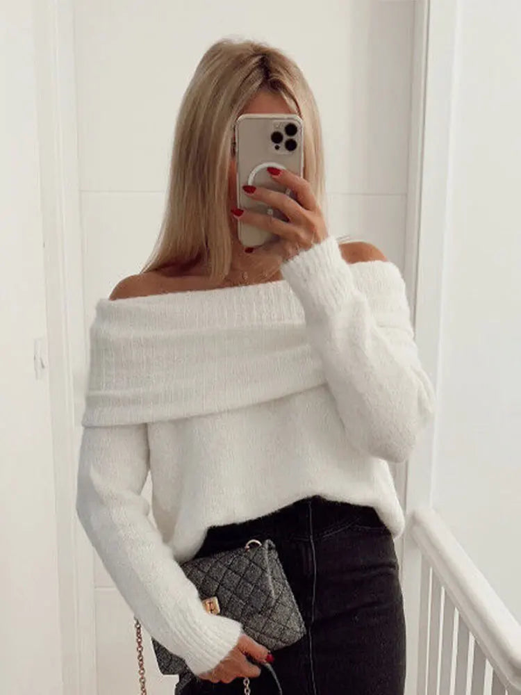 nvxiot Women Sexy Slash Neck Pullover Sweaters Long Sleeve Off Shoulder Cropped Knitted Top Female Elegant  Autumn Solid Knitwear