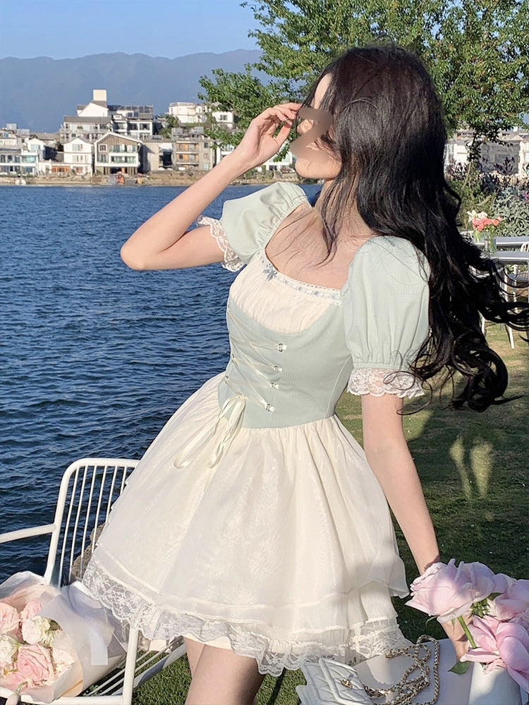 nvxiot Summer Lolita Mini Dress Women Sweet Kawaii Short Sleeve Ball Gown Dress Female Elegant Bandage Evening Party Dresses