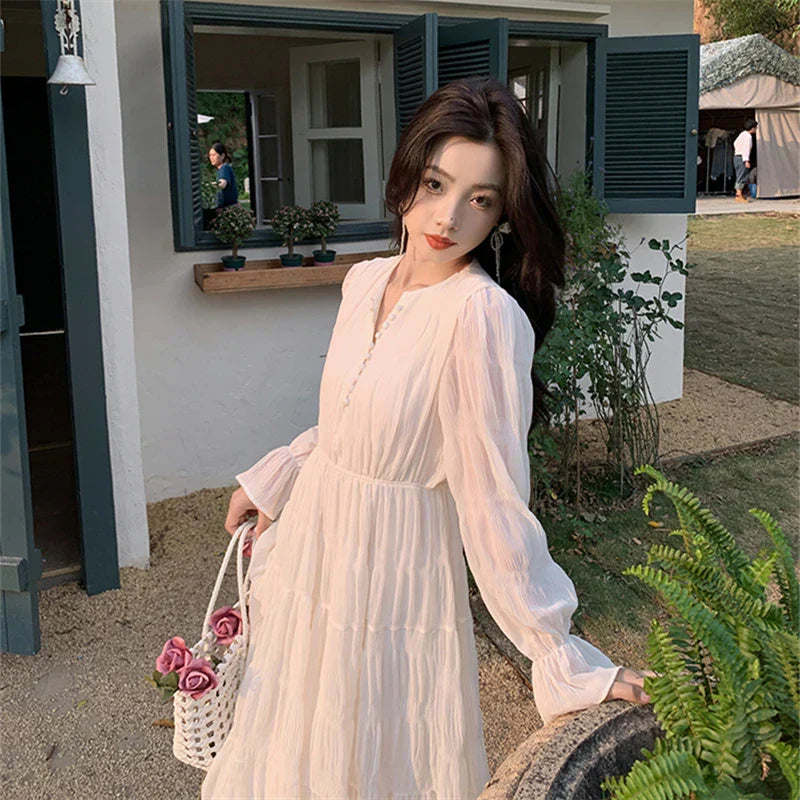 nvxiot-Elegant Chic Women White Midi Dress for Autumn 2023 New Chiffon Puff Long Sleeve V-neck Casual Office Lady Cute Fairy Dress