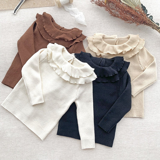 nvxiot Girl Winter Solid Ruffle Collar Undercoat Tops Pit Stripe High Elastic Sweater Toddler Girls Elasticity Knitted Bottoming Shirt