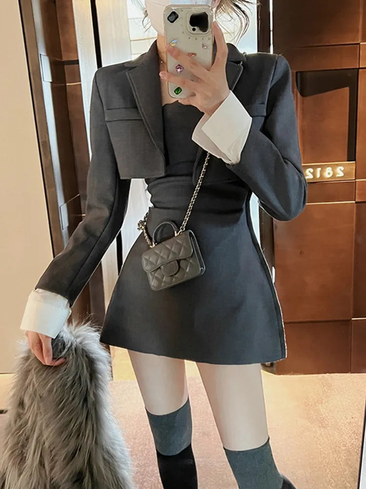 nvxiot-Winter Black Two Piece Dress Set Women Blazer Coat+Strap Dress Set Female Casual Korean Fashion Slim Elegant Dress Suit 2024 New