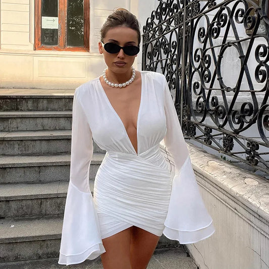 nvxiot Elegant Deep V-neck Puff Sleeve Dress for Women Fashion Bodycon Soild White Streetwear Female Mini Dresses Party Nightclub