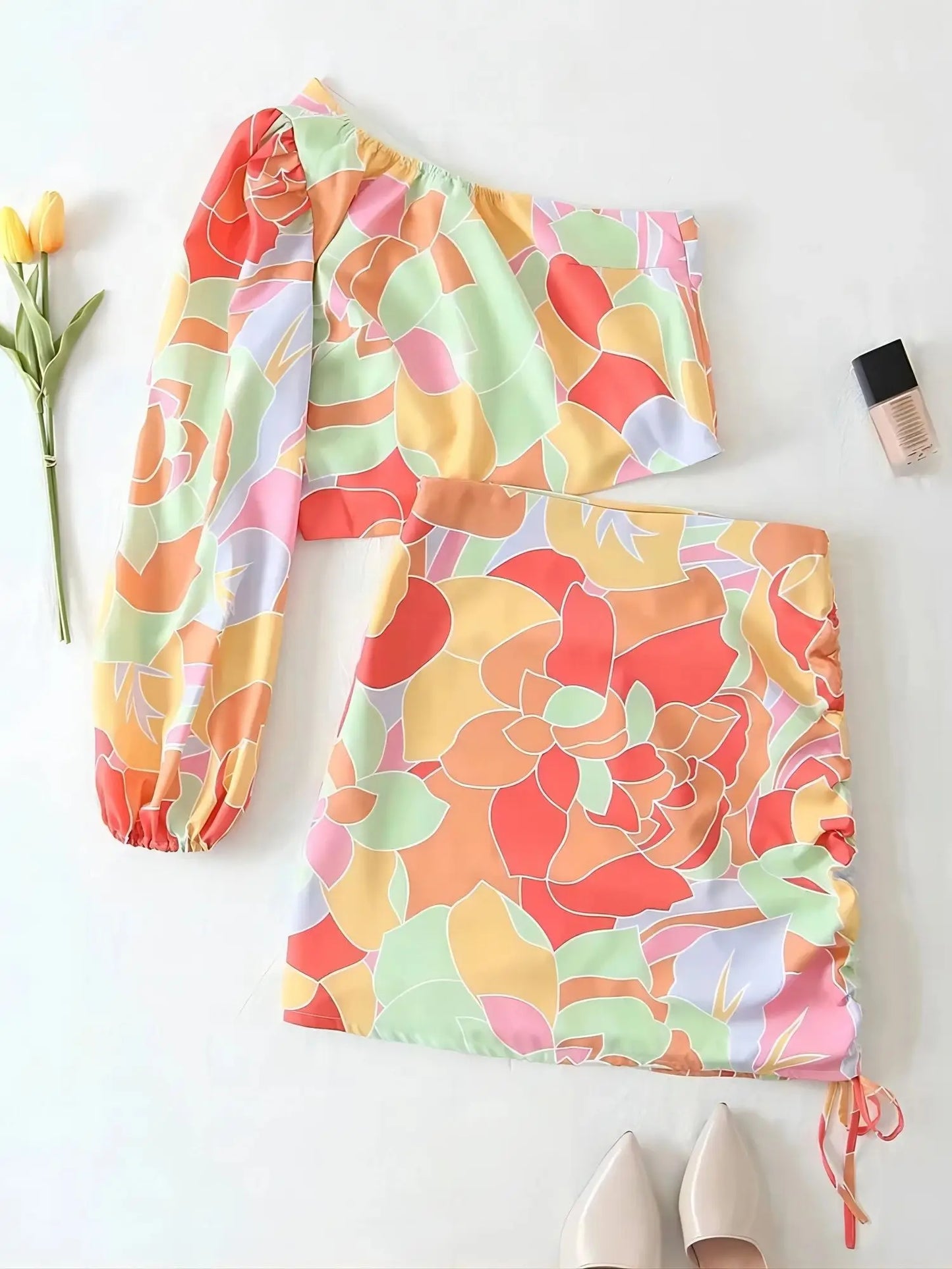 MQTIME  - Summer Women Vintage Casual Two-Piece Set Color Print Asymmetrical Sleeves Shirt Female Slim High Waist Mini Skirt  Set