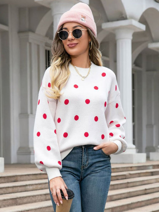 nvxiot Polka Dots O Neck Casual Sweater Women Autumn Winter White Casual Vintage Female Jumper Black Thick Retro Pullover