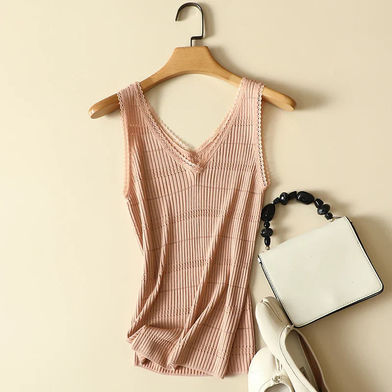 MQTIME  -  Solid Knitted Women Sweater Vest Summer New Design 2024 V-Neck Sleeveless Slim Elastic Elegant Female Pulls Tops Tees