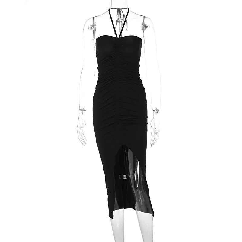 MQTIME  -   New Elegant Spaghetti Strap Backless Bodycon Dress for Women Sexy Skinny White Split Maxi Dress Evening Party Club Clothing