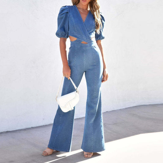 nvxiot Office Lady Casual Denim Rompers Sexy V-neck Hollow Cross Flare Pants Playsuits Fashion High Street Puff Sleeve Women Jumpsuit