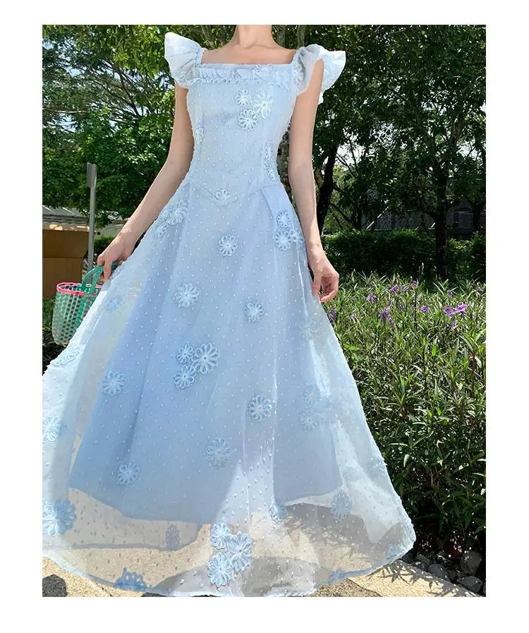 MQTIME  -  French Women Fashion Blue Backless Embroidery Party Evening Long Dresses Summer Vacation Square Neck Flying Sleeves Dress Ladies