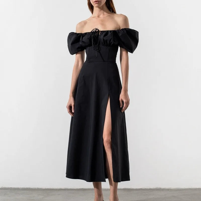 MQTIME  -  White Sexy Backless Lace Up Dress Women Puff Sleeve Slim Short Sleeve Dress Summer Cottagecore Solid Colors A Line Dresses