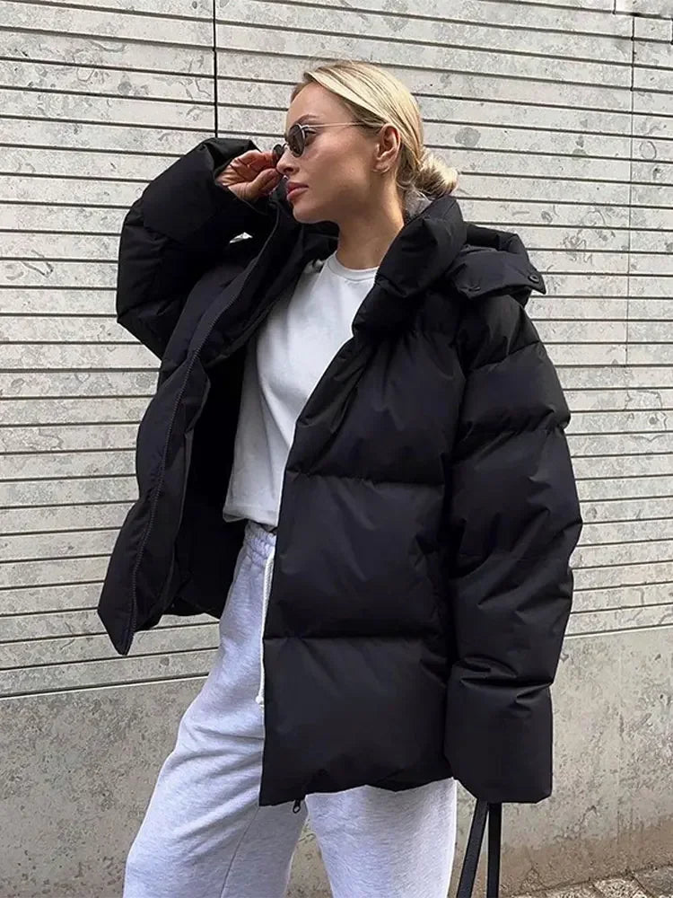 nvxiot  -  Fall Winter Solid Hooded Thick Warm Loose Bread Down Coat For Women Casual Coats Highstreet Feather Parkas Outerwear Lady 2024