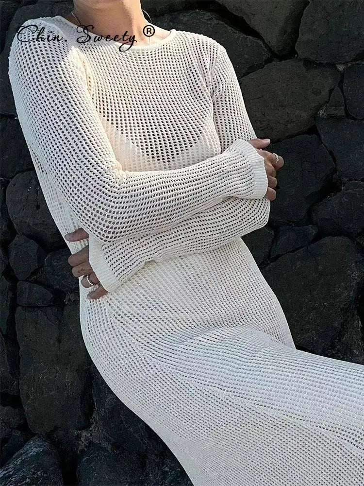 nvxiot Sexy Knitted Beach Dress For Women Hollow Out O-neck Long Sleeve Female Dresses 2024 Summer See Through White Holiday Vestidos