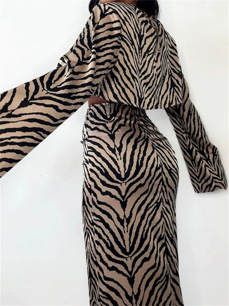 nvxiot  -  Zebra Printed 2 Piece-Set Long Skirt For Women Striped Lace-Up Cropped Top And High Waist Fashion Maxi Skirt Outfits 2024