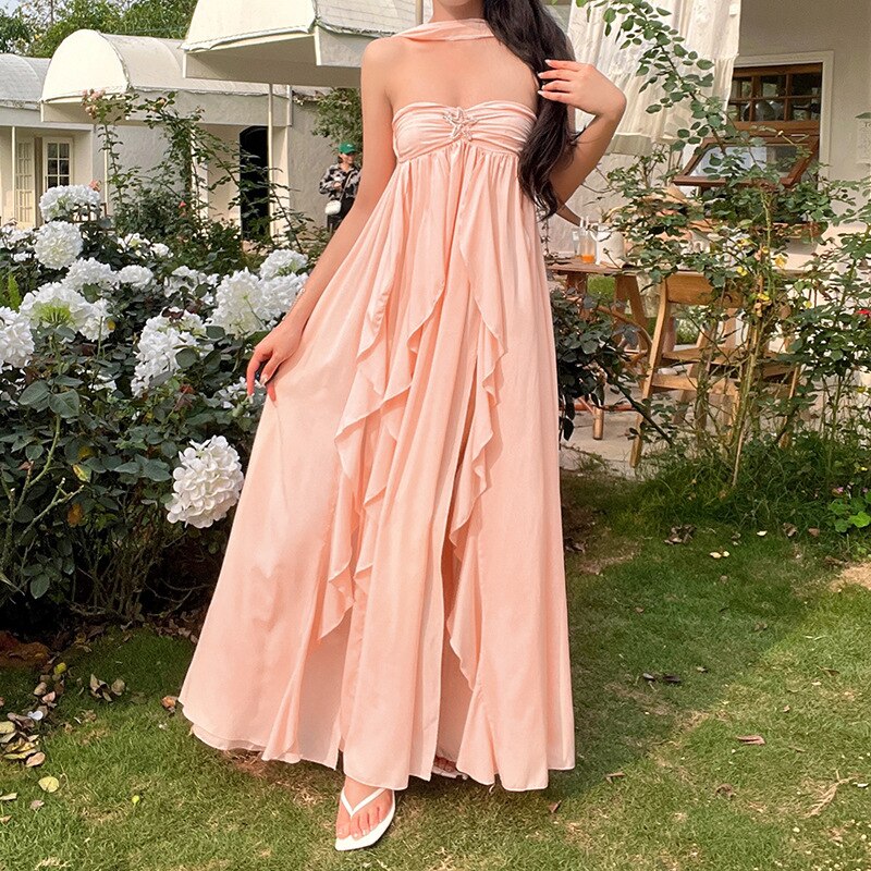 nvxiot Y2K Ruffles Fairy Dress Women Pink Mesh Strapless Maxi Dress Summer Irregular Sexy Backless Party Dress 2023 Summer Beach Outfit