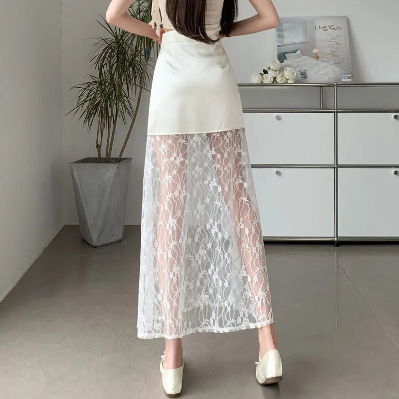 nvxiot  -  2024 Summer Commuter Korean Half Skirt High Waist Lace Slim Hook Flower Style New Solid Color Sexy Long Skirt for women