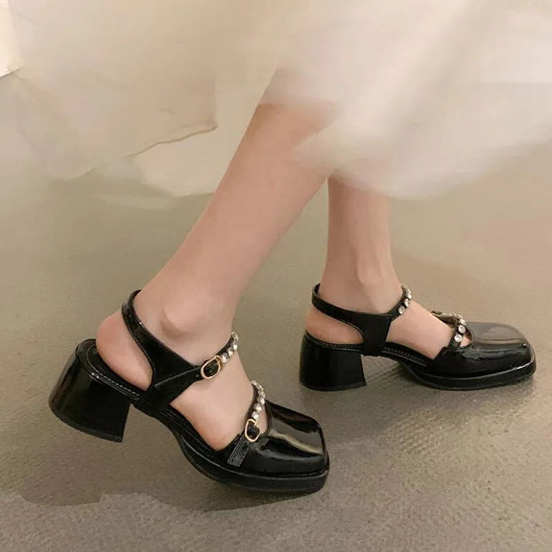 nvxiot Mary Jane Female Sandal Block Heels Comfort Shoes For Women Square Toe 2022 Summer Girls Chunky Pink White Black  Fashion