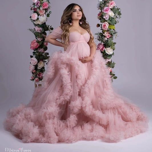 nvxiot Pretty Pink Ruffles Maternity Dress for Photoshoot Pregnancy Photography Gowns Babyshower Dresses Bathrobe Wear Custom Made