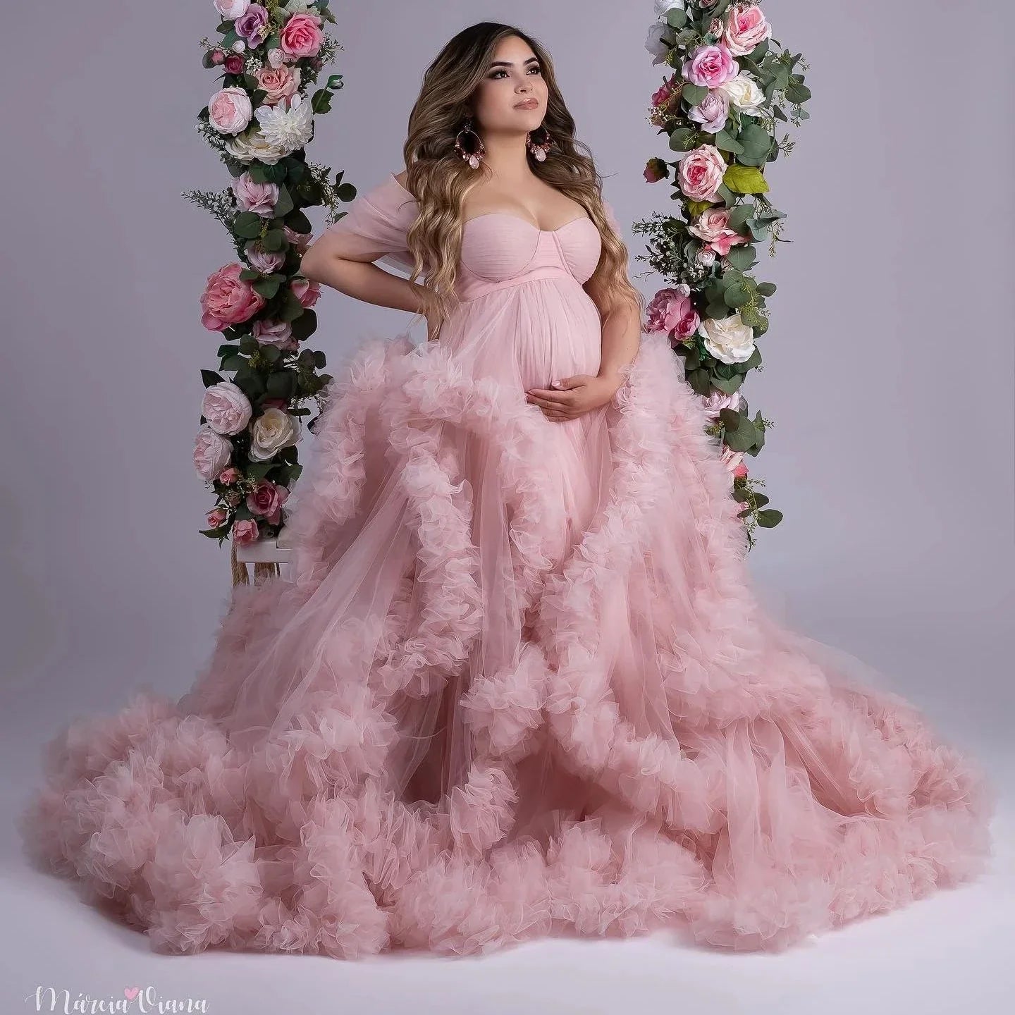 nvxiot Pretty Pink Ruffles Maternity Dress for Photoshoot Pregnancy Photography Gowns Babyshower Dresses Bathrobe Wear Custom Made