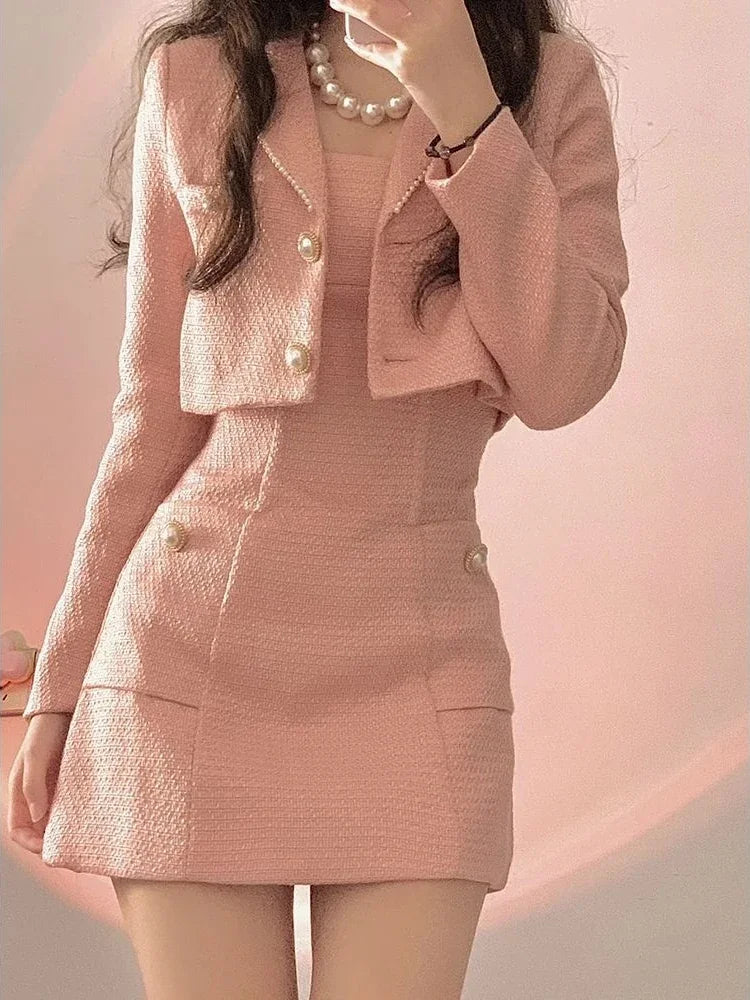 nvxiot stylish dress Pink Vintage Elegant Two Piece Set Women Japanese Sweet Y2k Casual Mini Dress Set Female Chic Coat+ Solid Designer Dress 2024