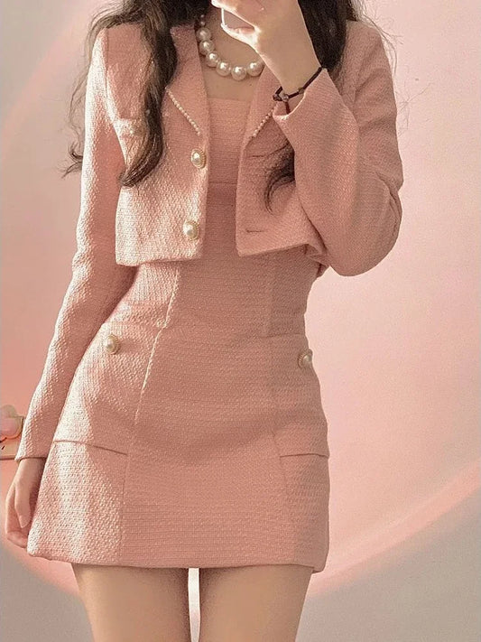 nvxiot stylish dress Pink Vintage Elegant Two Piece Set Women Japanese Sweet Y2k Casual Mini Dress Set Female Chic Coat+ Solid Designer Dress 2024