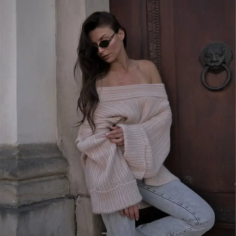 MQTIME  -   Women Fashion Solid Off Shoulder Sweater Elegant One Line Collar Long Sleeve Loose Knit Pullover Casual Autumn Lady Streetwear