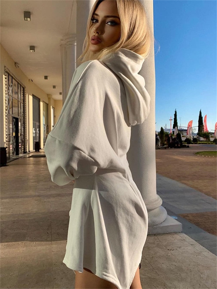 nvxiot Tossy 2024 Fashion Hooded Dress For Women White Waist Wrap Bodycon Mini Dress Spring Long Sleeve Hoodies Sweatshirt Dresses