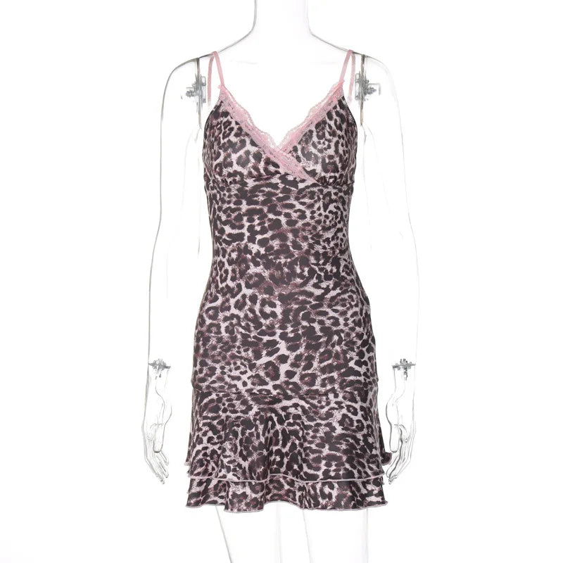 nvxiot Y2K Coquette Leopard Print Strap Mini Dress Sexy V-Neck Cocktail Party Vestido E-girl Fairy Lace Patchwork Dresses 2024