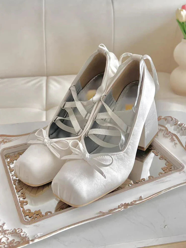 nvxiot Silk Square Toe Women High Heel Shoes Sexy Lace Up Fashion Women Pumps Lolita Kawaii Sweet Shoes Elegant Design