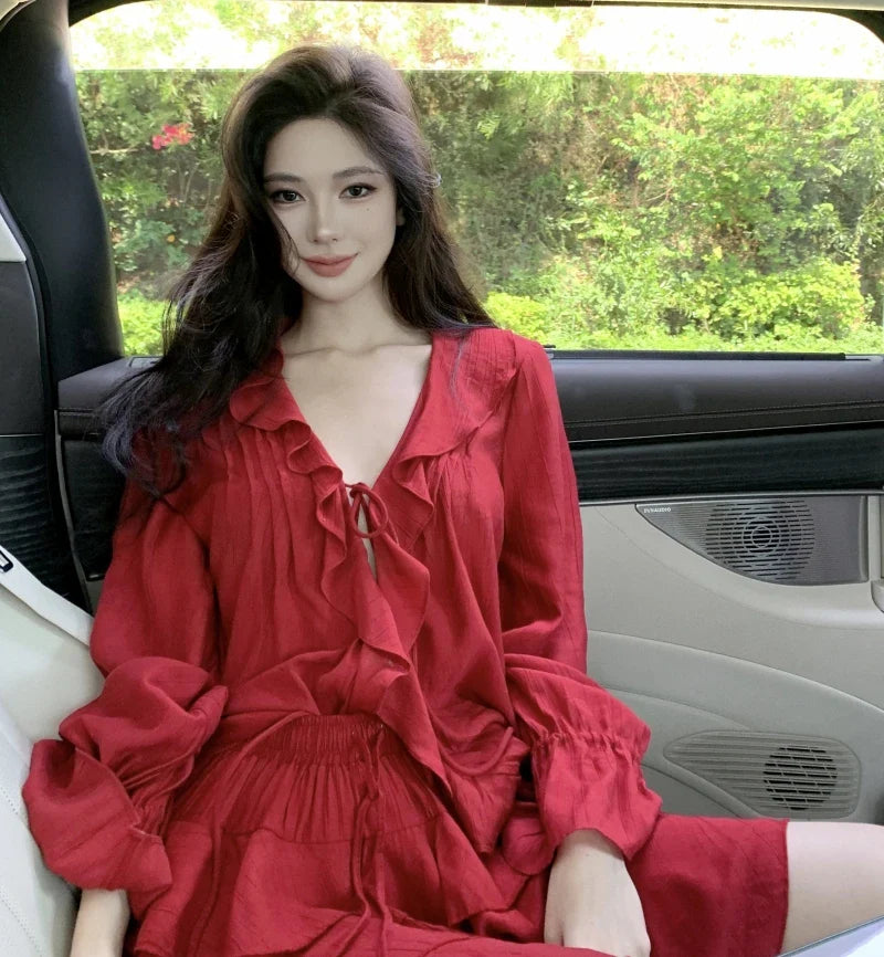 nvxiot  -  Autumn Set Women 2024 New Two-piece Suit Red V Neck Long Sleeve Ruffles Lace-up Blouses And High Waist Pleated Half Short Skirts