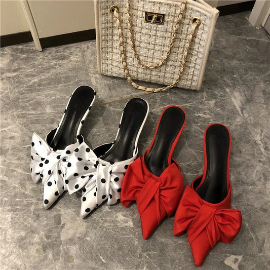 nvxiot New Spring Slippers Women's Korean-Style Pointed Polka Dot Bow Stiletto Mid-Heel Low Heel Slippers Polka Dot Half Slippers