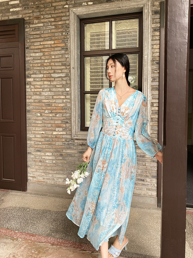 nvxiot French Elegant Floral Maxi Dress Chiffon V-neck Blue Long Lantern Sleeve Women Boho Casual Holiday Ladies Dresses New