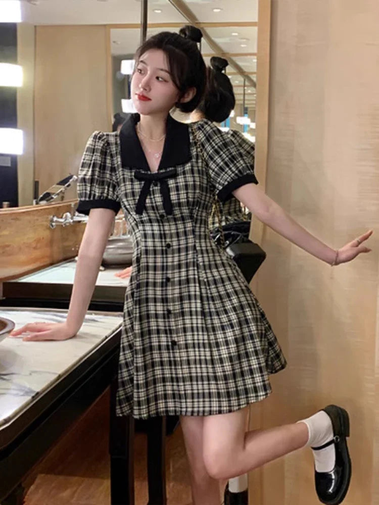 nvxiot  -  2024 Summer New Fashionable French Slimming Large Bow Bubble Sleeves Black and White Plaid Dress V-neck Short Skirt for women