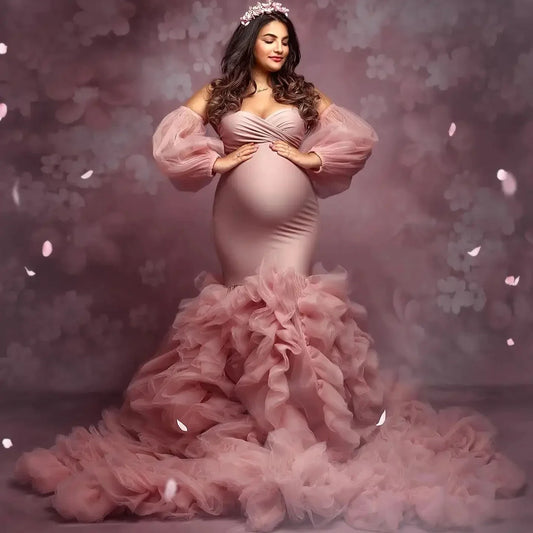 nvxiot  -   Luxury Mermaid Evening Dresses for Photoshoot Off Shoulder Ruffles Pregnant Women Robes Sexy Long Sleeves Maternity Gowns