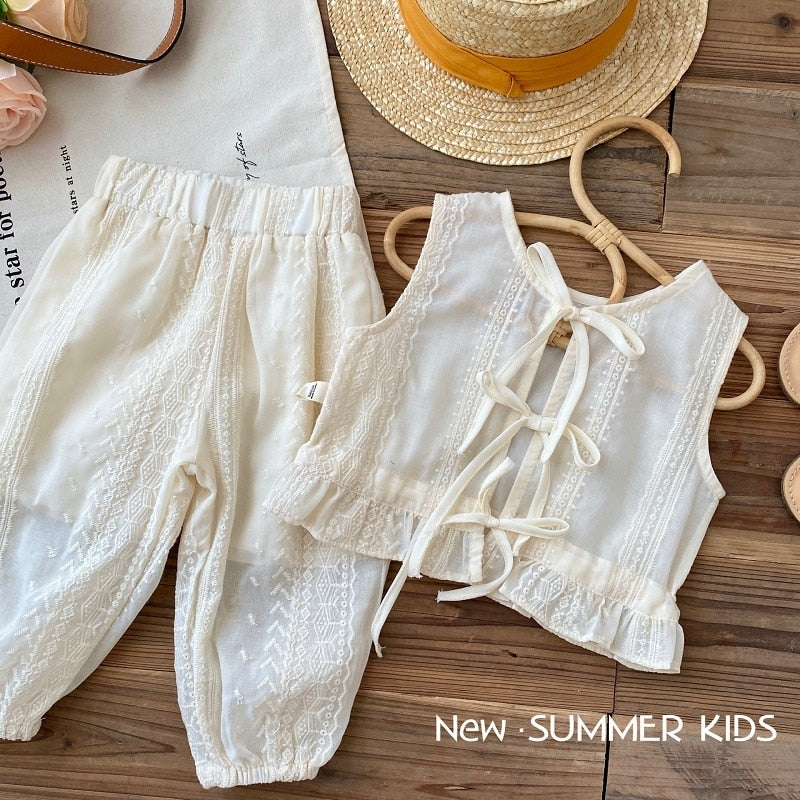 nvxiot  Girls Summer Korean Clothing Sets Casual Sleeveless Hollow Lace T-shirt+Pants 2pcs Suit 0-6Y Strap Cardigan Vest Clothes Outfits