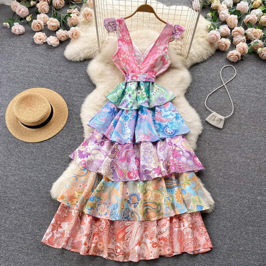 nvxiot Ruffles Long Cake Dress For Women 2023 Summer Bohemian Cascading Sleeveless V Neck Backless Flower Print Party Vestidos Beach