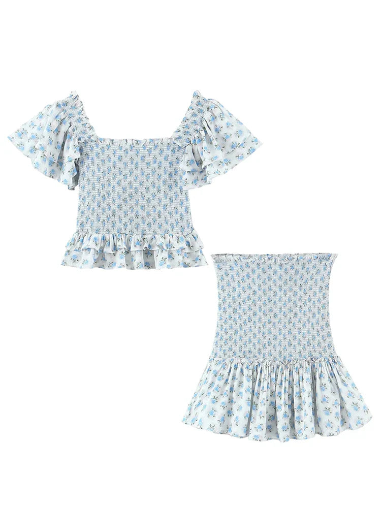 nvxiot Ruffles Tiered Floral Print Blue Women Summer Bodycom Mini Dress Set Butterfly Sleeve Vintage French Style 2 Pcs Outfit